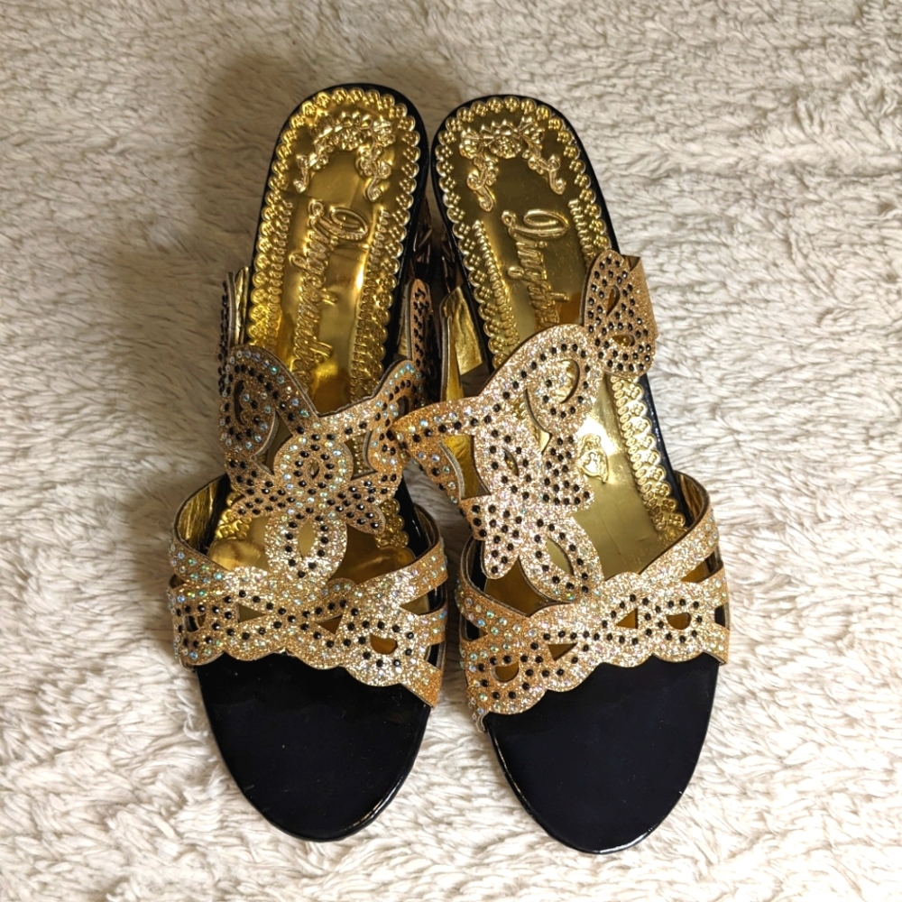 Elegant Gold and Black Women's Sandals Glitter Shimmer Rhinestone Sparkly - Picture 5 of 5